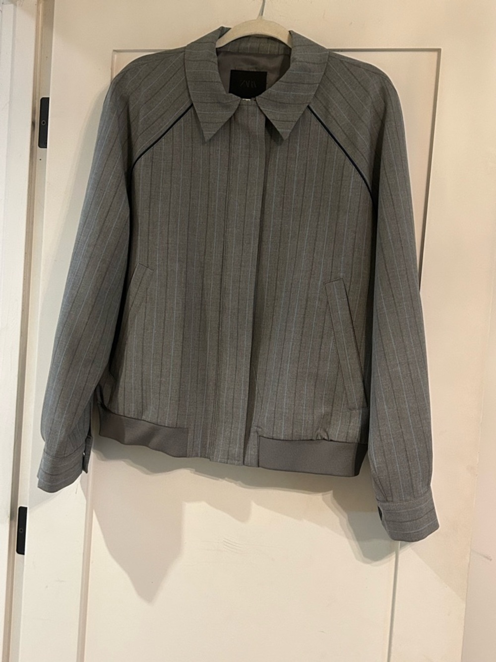 ZARA Gray Pinstripe Collared Bomber Jacket